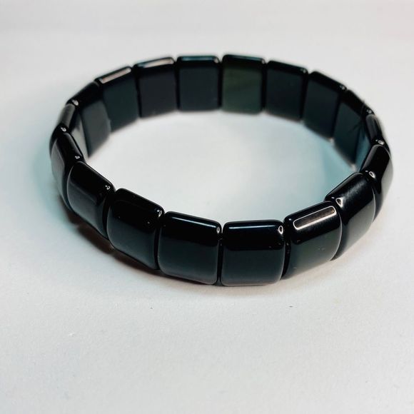 Black Rainbow Obsidian Square Tile Stretch Bracelet - Picture 7 of 9